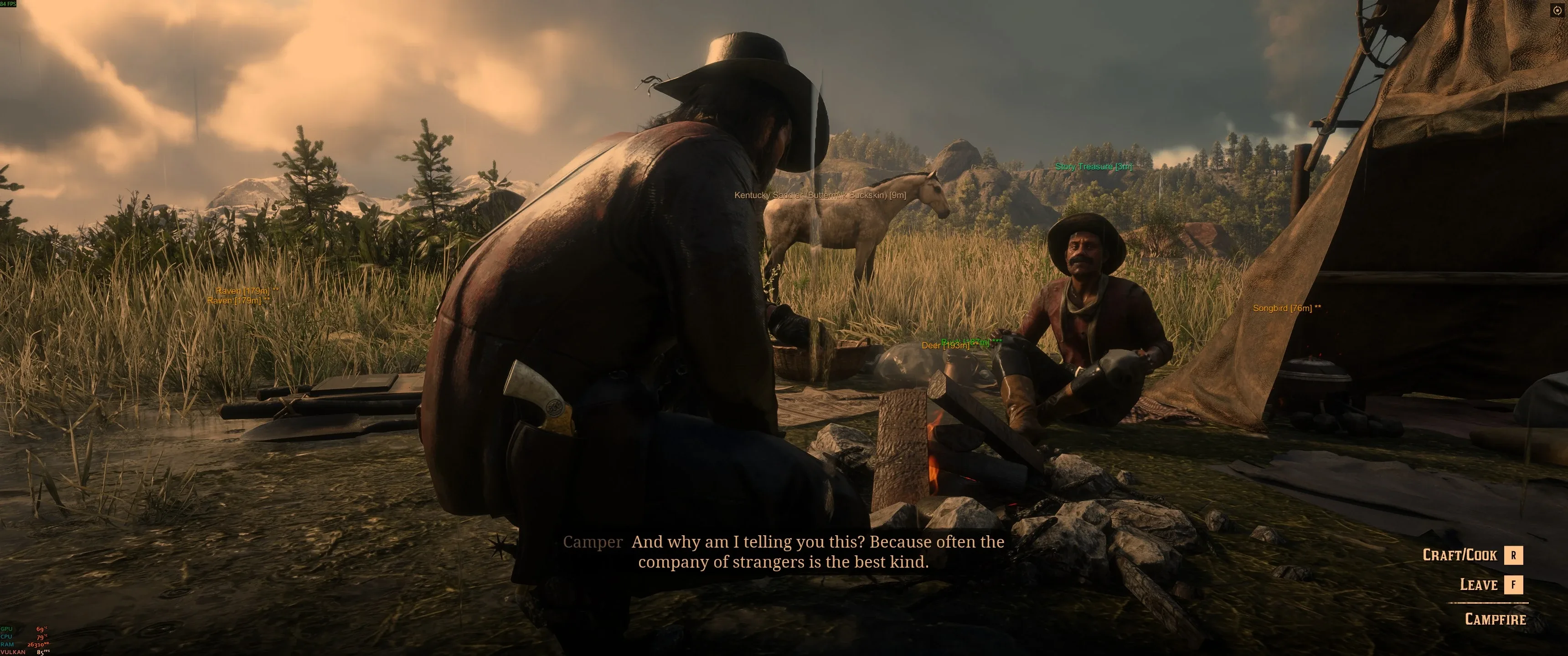 RDR2 trainer overlay at camp with NPC and mount ESP labels